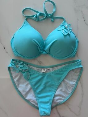 Lady M Turquoise Pageant Swimsuit Bikini Set with Floral Rhinestone Accents